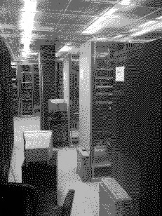 A dithered grayscale image of a datacenter